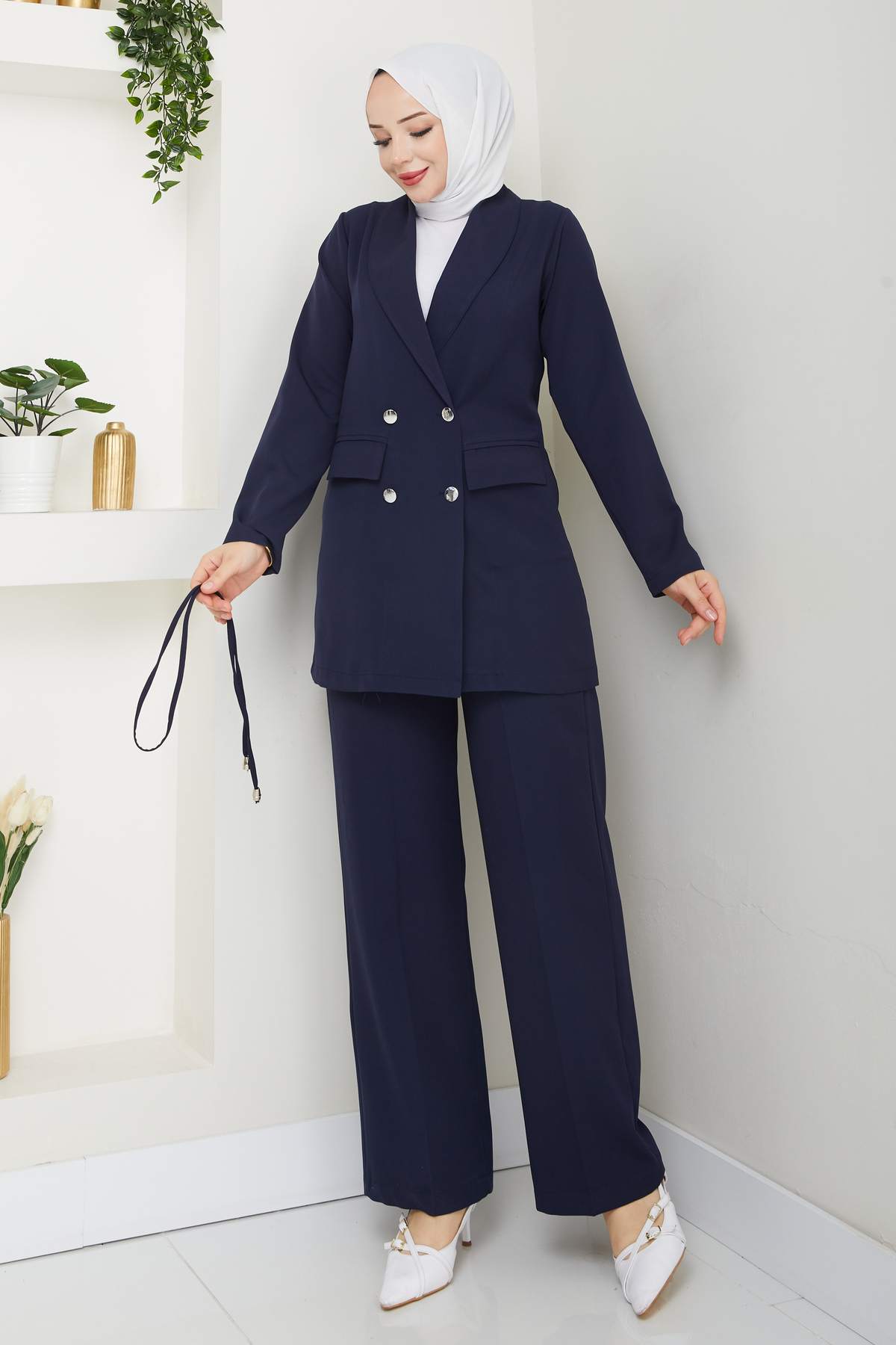 Kadın Bağlamalı Blazer Ceket Pantolonlu Takım