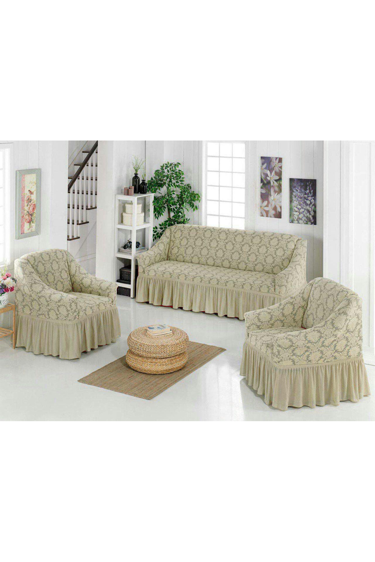 JAKARLİ ŞAL DESEN 3+1+1 LASTİKLİ ETEKLİ KOLTUK ÖRTÜSÜ KOLTUK KILIFI ESNEK KUMAŞ LEKE TUTMAZ