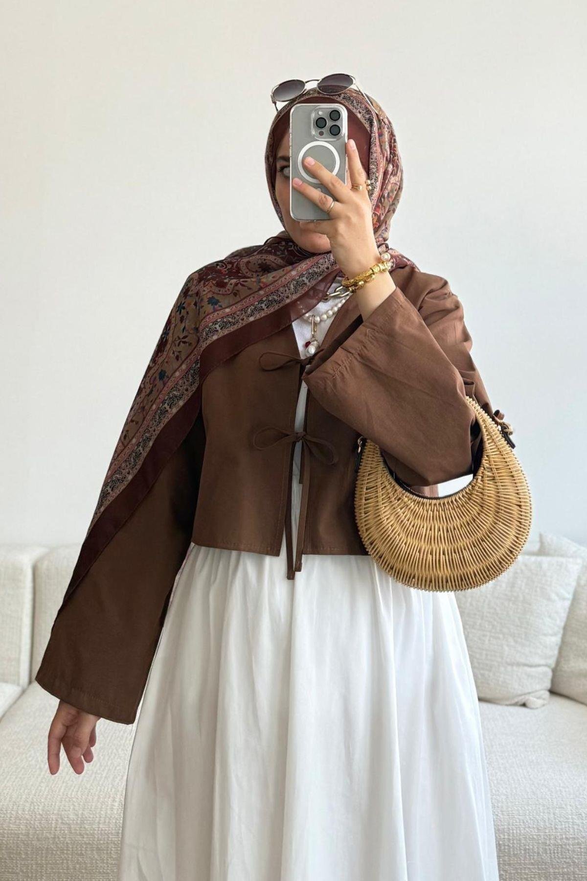 Önü Bağlamalı 2 Bağcıklı Kahverengi Kimono Gömlek Modern Tesettür Şık Yeni Sezon Etek Üstü Kimono