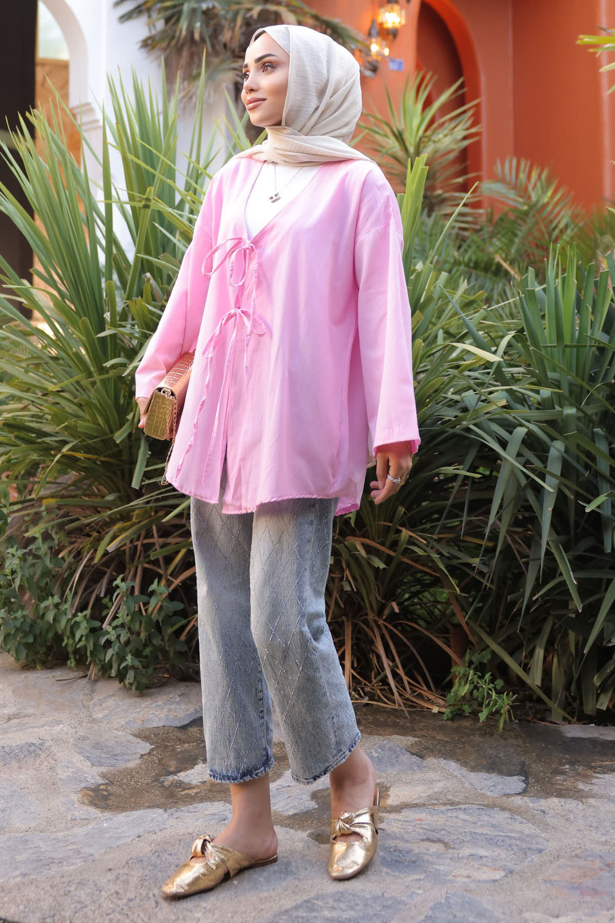 Pembe Ön Bağlamalı Kimono