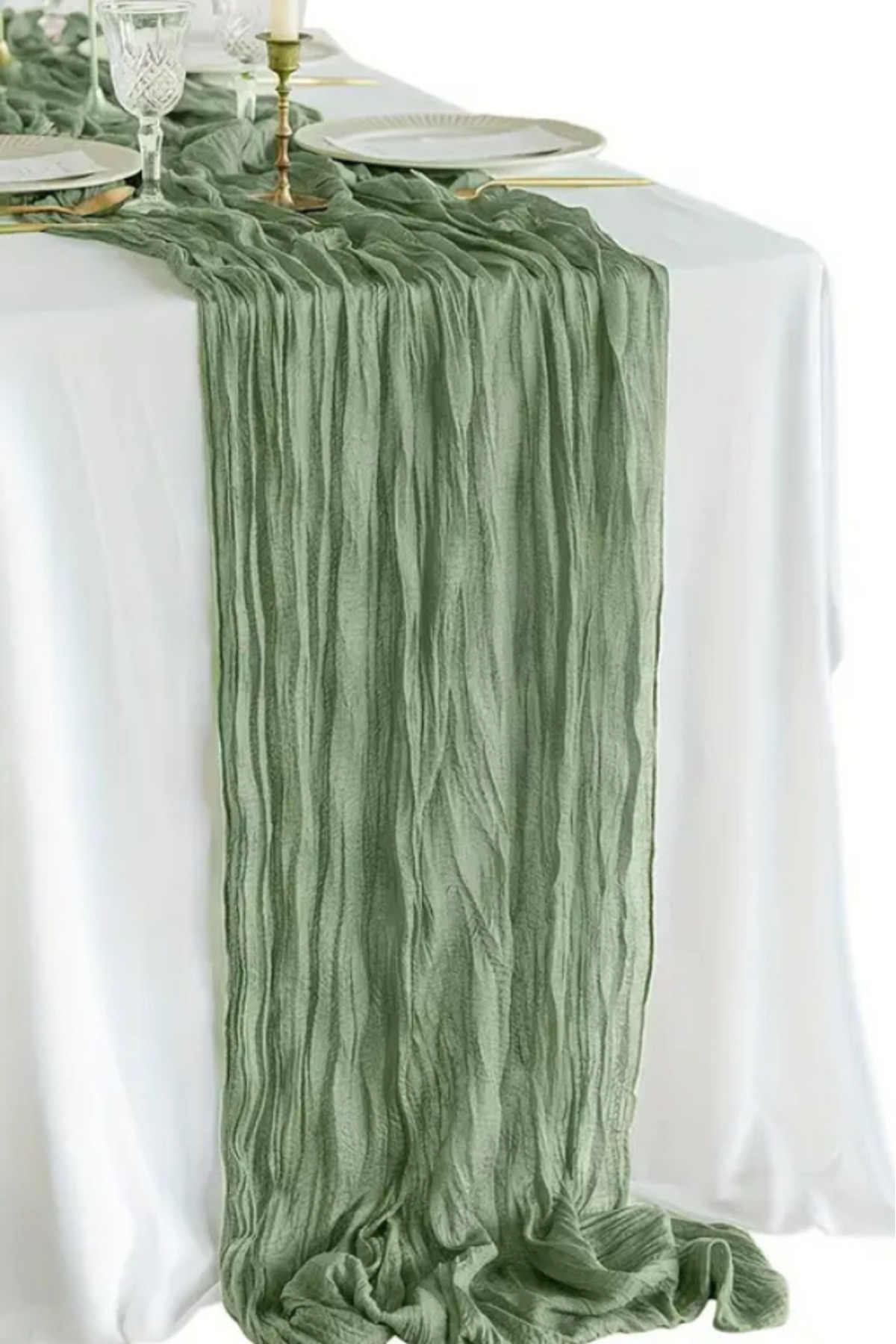 Rustik Yeşil Şifon Dökümlü, Kırışık Dokulu Dekoratif Kumaş Bohem Masa Runner | 180x80 cm