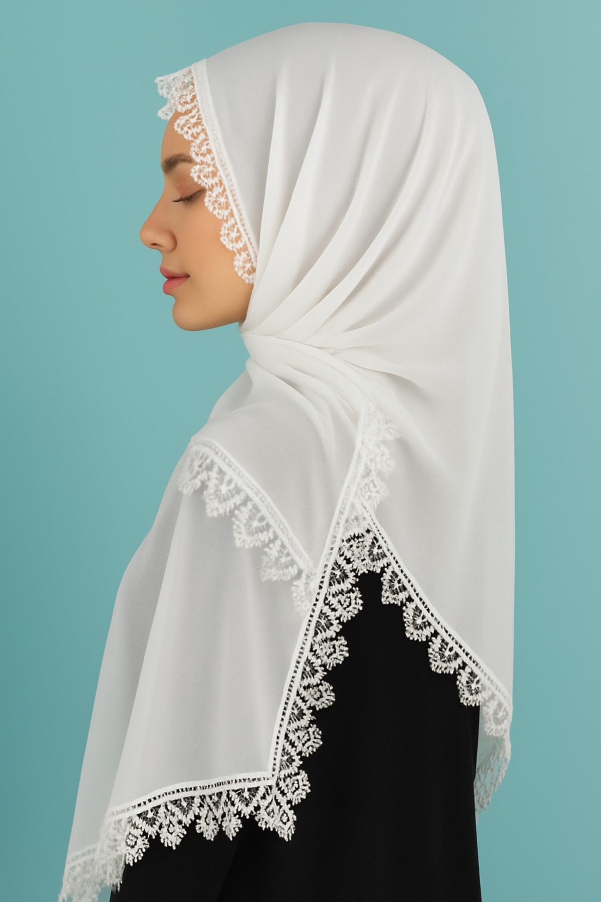 Kadın Şifon Dantelli İğne Oyalı Mevlüt Örtüsü Abiye Şal 70x150 Ekru TEK EBAT