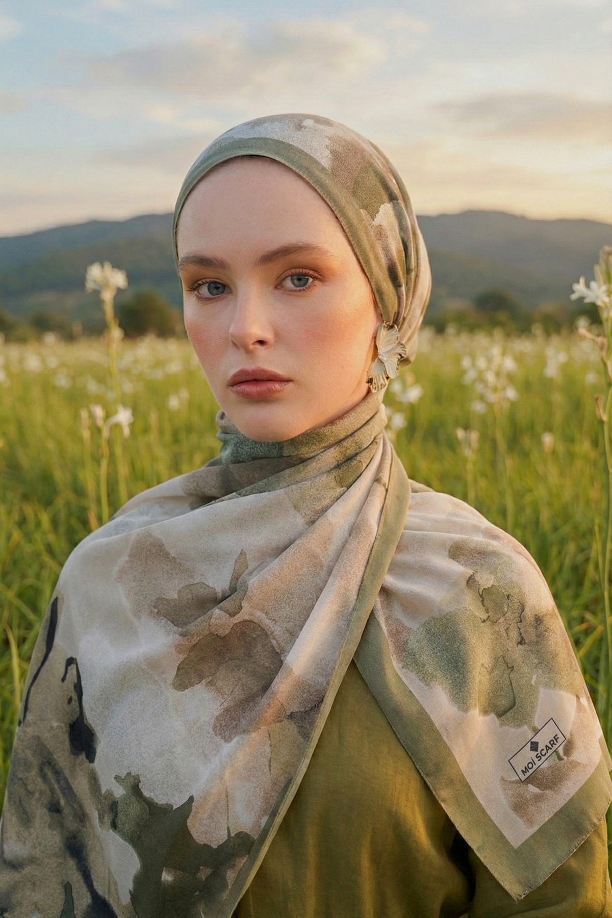 Brume d’Amour Fransız İpeği Desenli Şal Soft Yeşil