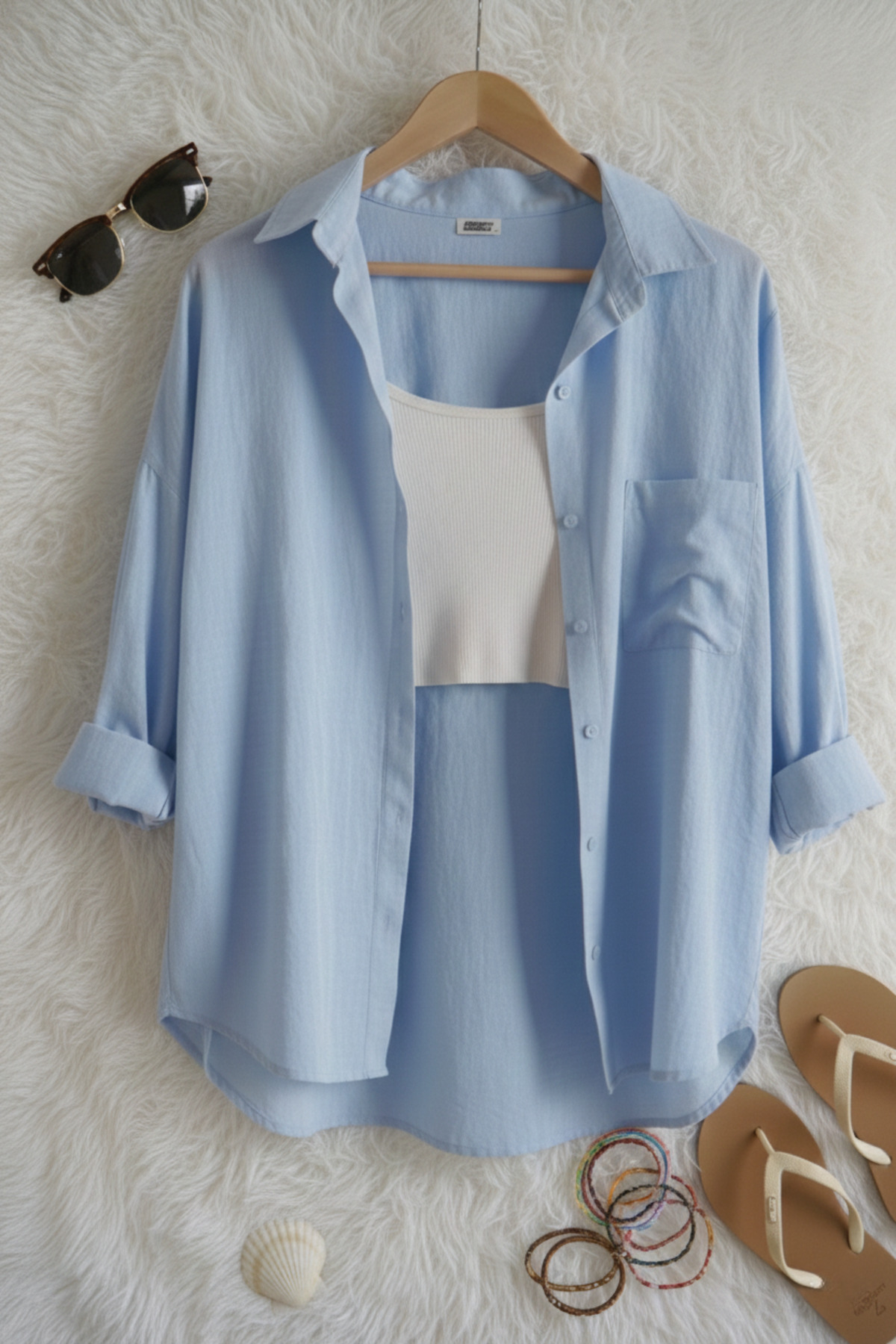 Mavi Kadın Düşük Omuz Oversize Keten Cep Detaylı Gömlek %100 Pamuk