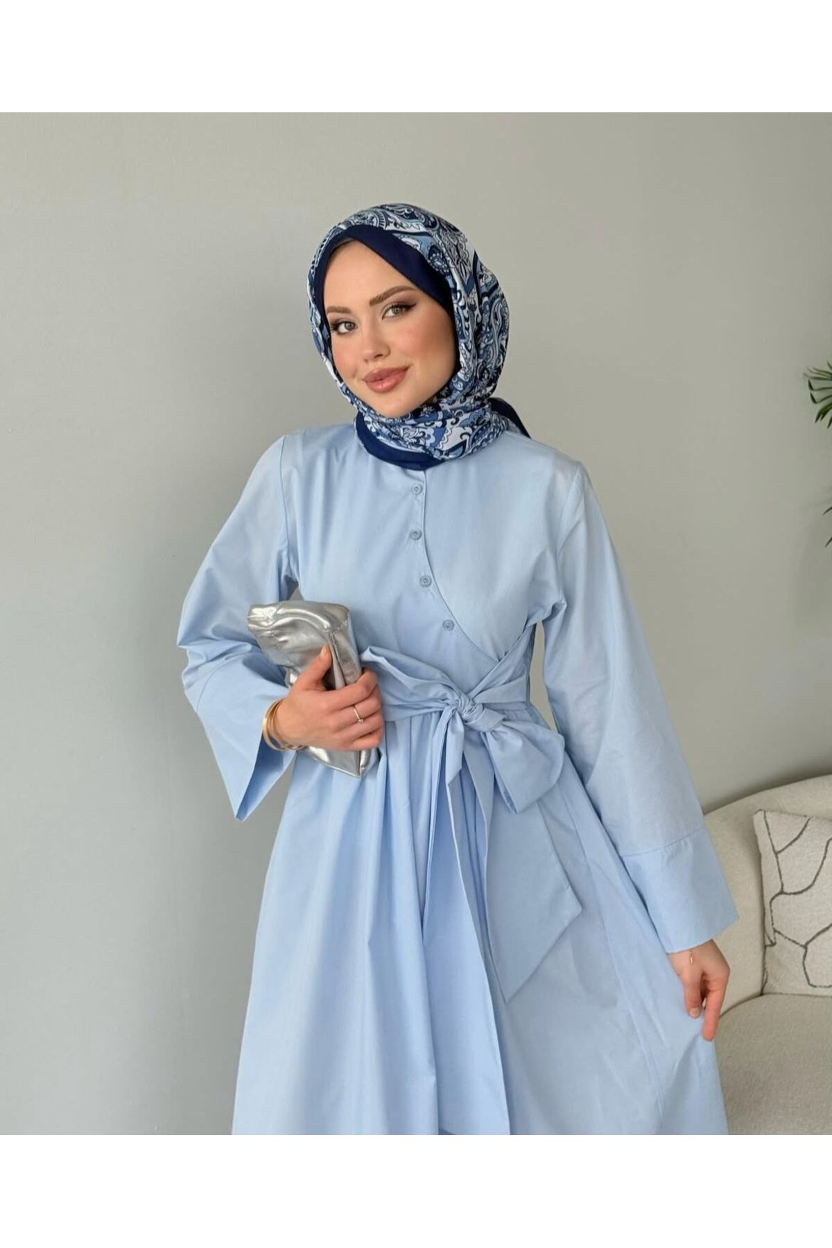 Çapraz Düğme Detaylı Bağlamalı Poplin Tesettür Elbise