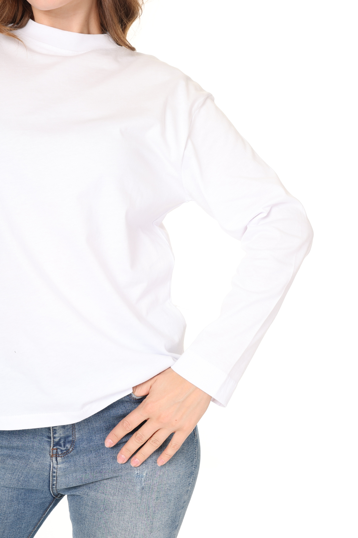 Dik Yaka %100 Pamuk Uzun Kol Penye Balıkçı Yaka Rahat Kesim Regular Kalıp T-Shirt Tişört