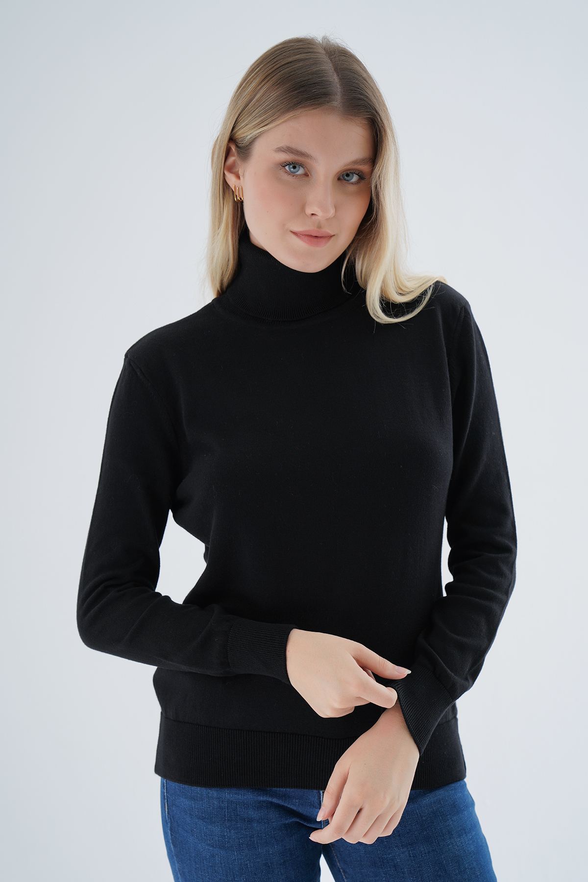 Kadın Siyah %100 Organik Pamuk Balıkçı Yaka Triko Kazak Trıst-6103