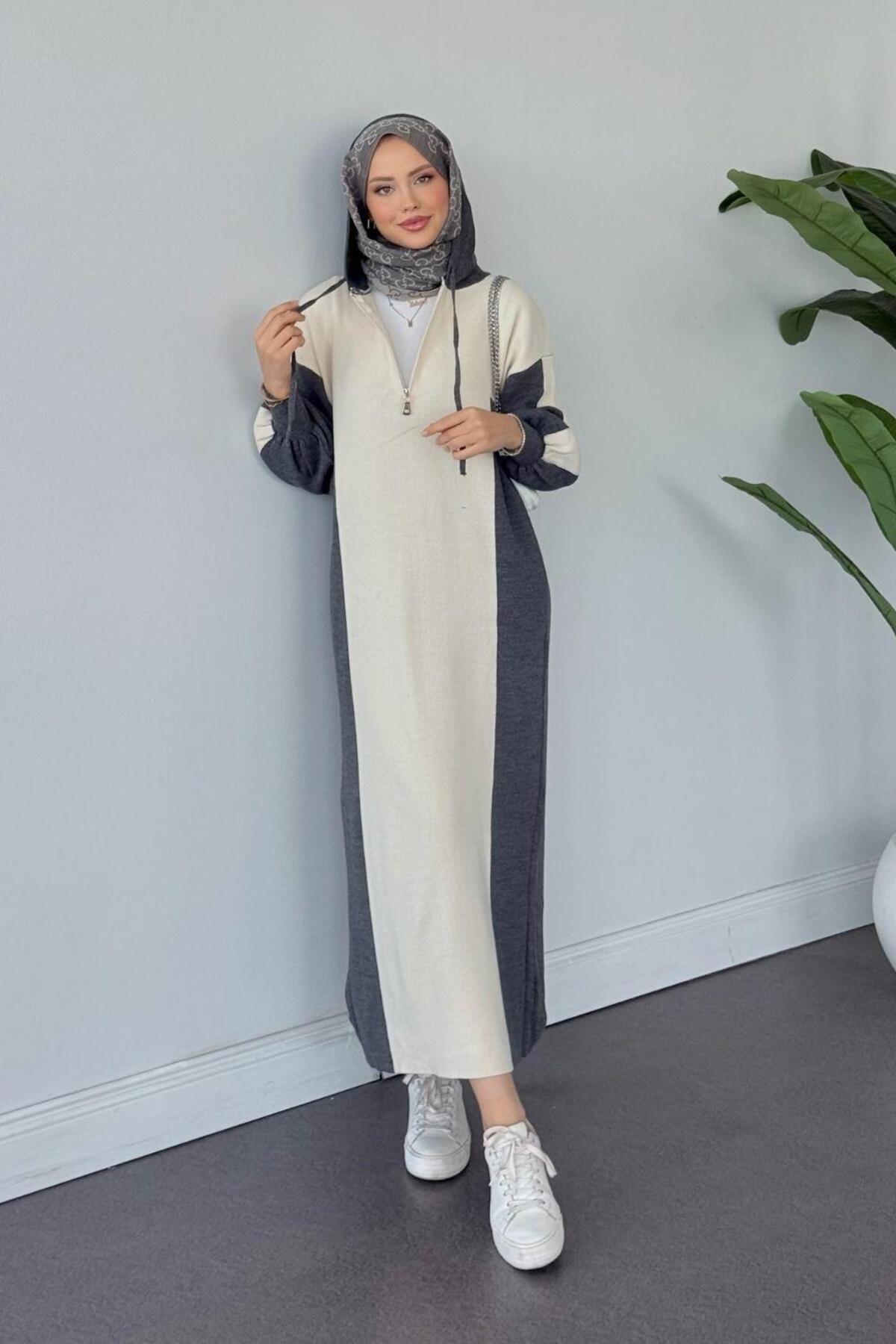 Samira Kapüşonlu Spor Triko Elbise Füme